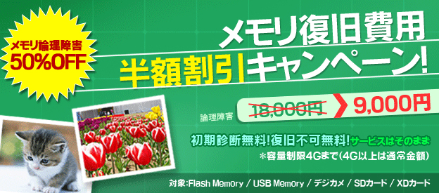 メモリ復旧費用半額割引キャンペーン！