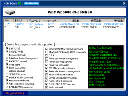 ハードディスク情報画面